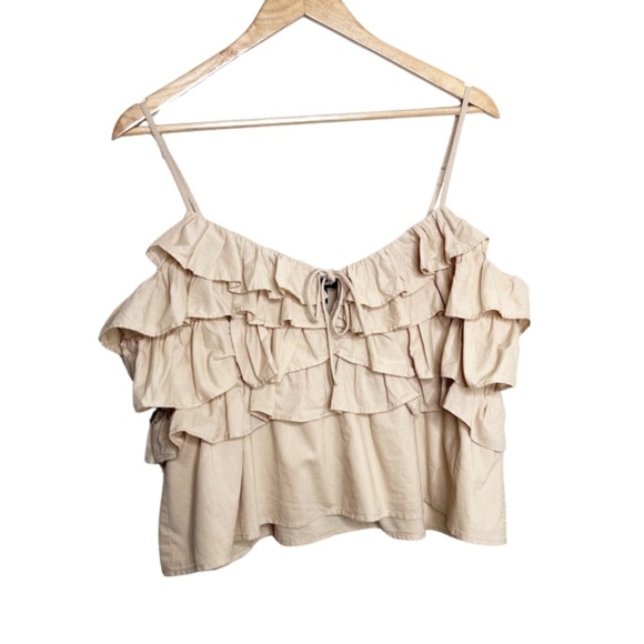 Express Tan Ruffle Chest Spaghetti Strap Feminine Crop Top Tank - Picture 3 of 15